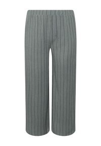 Grå vida byxor i en texturerad kvalitet. Vertikala ränder i en något mörkare nyans, elastisk midja och kortare längd.