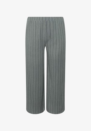 Grijze, wijde broek met een textuurstof. Verticale strepen in een iets donkere tint, elastische tailleband en een verkorte lengte.