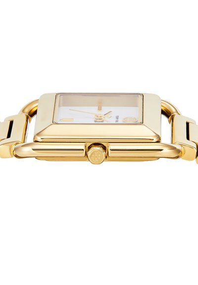 Gold rectangular wristwatch with white dial, minimalist gold markers, and linked band shown from side angle.