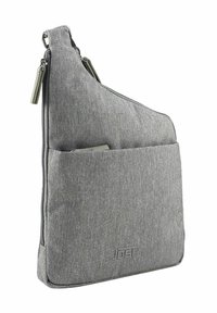 Borsa a spalla in tessuto grigio con una tracolla, scomparto principale con zip e una tasca frontale. Tessuto liscio con dettaglio del logo alla base.