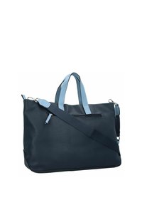 Marineblauwe synthetische draagtas met lichtblauwe accenten, dubbele handgrepen en een afneembare schouderriem. Voorzien van een ritszak aan de voorkant.