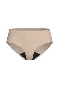 Beige high-waisted underwear with black triangular cutouts at the sides; smooth texture; elastic waistband; minimalistic design.