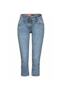 Light blue denim jeans with a slim fit, cropped length, front pockets, and a faded texture. Fastened with a front zipper and button.