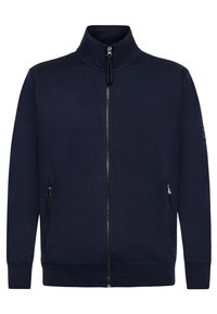 Navy Zip-Hoodie mit hohem Kragen, aus weichem Stoff, mit zwei seitlichen Reißverschlusstaschen und gerippten Bündchen und Saum.