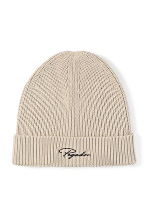 Beige gestrickte Mütze mit umgeschlagenem Rand und vorne schwarzer, gestickter Schreibschrift.