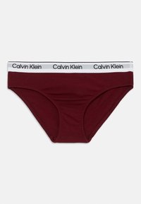 Bordové bavlnené bikiny s elastickým pásom s čierno-bielym logom Calvin Klein, s hladkou textúrou a strihom typu brief.
