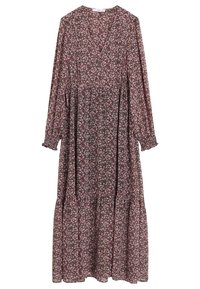 Langes Blumenmuster-Kleid mit langen Ärmeln, V-Ausschnitt, dunklem Hintergrund, kleinen rosa und weißen Blumen, geraffter Taille und gestuftem Rock.