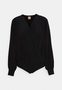 Body nero con maniche lunghe e design avvolgente. Realizzato in tessuto morbido, presenta un dettaglio arricciato sulle spalle e una parte inferiore aderente.