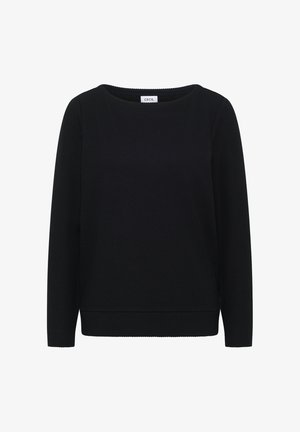 Schwarzer, gerippter Pullover mit rundem Ausschnitt und langen Ärmeln. Verfügt über einen strukturierten Stoff und einen geraden Saum. Das Etikett trägt die Aufschrift "CECIL".
