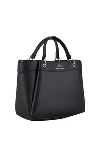 Borsa a mano nera in pelle con superficie testurizzata, dotata di manici superiori doppi, accessori in metallo argentato e un accento con logo sulla parte anteriore.
