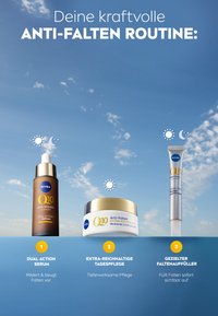 Three Nivea Q10 anti-wrinkle products: brown serum bottle, white cream jar with gold lid, and silver applicator tube, all against a blue sky.