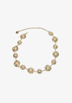 Collana con catena d'oro composta da anelli circolari martellati alternati grandi e piccoli, ciascuno impreziosito da una perla di colore crema al centro.