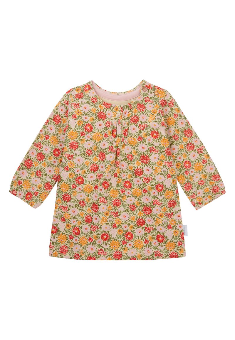 Bluse mit langen Ärmeln im Floraldesign, die einen pastellrosa Hintergrund und bunte Blumenmuster in Rot, Orange und Grün aufweist. Sie hat einen runden Ausschnitt und Knopfdetails.