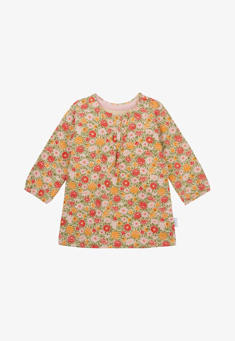 Bluse mit langen Ärmeln im Floraldesign, die einen pastellrosa Hintergrund und bunte Blumenmuster in Rot, Orange und Grün aufweist. Sie hat einen runden Ausschnitt und Knopfdetails.