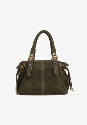 Olijfgroen suède handtas met dubbele handvatten, gouden hardware accenten en verstelbare zijstrikken; ronde vorm en gestructureerd oppervlak.