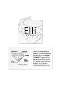 Hvidt certifikatkort med "Elli PREMIUM" i fed sort tekst og en diamantillustration med mærkede facetter. Indeholder ægthedsoplysninger indeni.