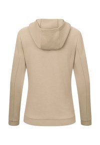 Felpa beige con una texture morbida e liscia. Presenta un ampio cappuccio regolabile e maniche lunghe. Design semplice senza modelli o accenti visibili.