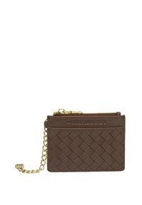 Brown leather card holder with woven texture, gold zipper and chain detail, features logo engraving. Compact design for easy carrying.