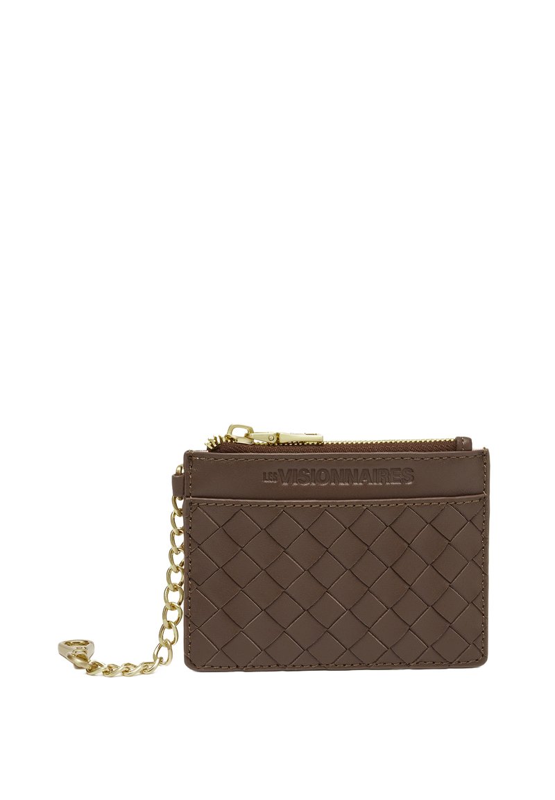 Brown leather card holder with woven texture, gold zipper and chain detail, features logo engraving. Compact design for easy carrying.