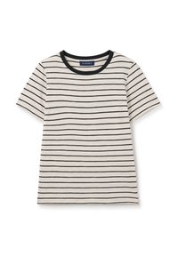 T-shirt a righe in beige e nero, realizzata in tessuto morbido, con maniche corte, scollo rotondo e righe orizzontali uniformemente distanziate.