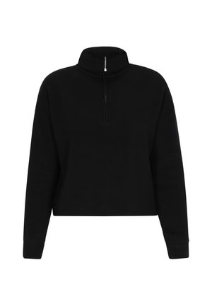 Zwarte pullover met een hoge kraag en een kwart rits, met lange mouwen en ribgebreide manchetten. Gemaakt van een zachte, gestructureerde stof.