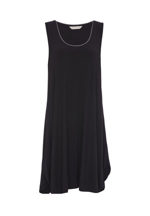 Tunique sans manches noire en tissu doux, dotée d'un ourlet arrondi, d'un col rond avec une bordure contrastante et d'une silhouette détendue et évasée.
