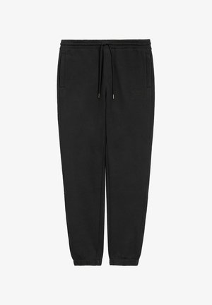 Czarne dresowe spodnie z elastycznym pasem i sznurkiem, z bocznymi kieszeniami i elastycznymi mankietami przy kostkach, leżące na białym tle.
