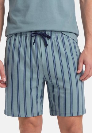 Mann, der blaue gestreifte Shorts mit einer marineblauen Kordel und einem hellblauen Hemd trägt, von der Taille bis zur Mitte des Oberschenkels dargestellt.