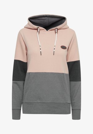 Hooded sweatshirt with a pink upper, dark gray and light gray stripes. Features front pocket, drawstring, and textured fabric.
