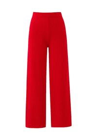 Rode, wijde gebreide broek met een hoge, elastische tailleband. De textuur is geribbeld, wat een zachte en gestructureerde uitstraling geeft.