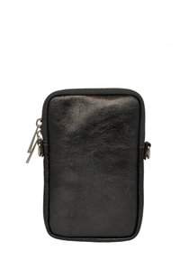 Pochette zippée en cuir noir avec une texture lisse, de forme rectangulaire, et des accents métalliques argentés sur la fermeture éclair pour un accès facile.