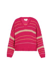 Sweter krótki w kolorze jasnoróżowym z dekoltem w serek, ozdobiony poziomymi paskami w kolorze żółtym i białym. Dzianinowa faktura, luźne rękawy i ściągacz na dole.