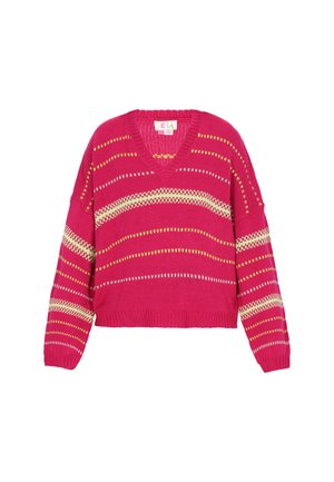 V-kaelusega lühike pitsakk heledas roosas värvuses, millel on kollased ja valged horisontaalsed triibud. Kootud tekstuur, laiad varrukad ja soonikkoes äär.