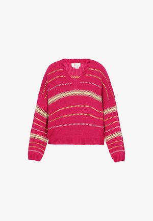 Rózsaszín, V-nyakú, cropped pulóver, sárga és fehér vízszintes csíkokkal. Kötött textúra, laza ujjakkal és bordázott aljjal.