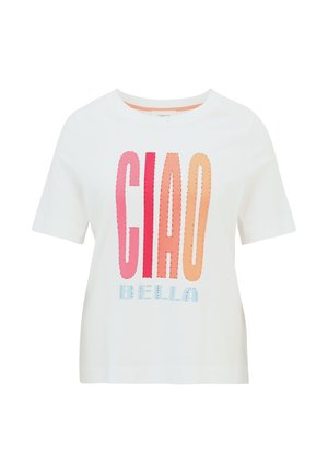 Weißes Baumwoll-T-Shirt mit mehrfarbigem "CIAO BELLA"-Aufdruck in Pink, Orange und Blau, mit lässiger Passform und kurzen Ärmeln.