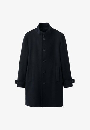 Marineblauwe jas van een wolmix met een hoge kraag, vier knopen aan de voorkant, twee zijzakken en verstelbare manchetten. Klassiek ontwerp met rechte snit.