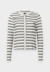 Stripet cardigan i svart og hvitt, med ribbet tekstur, rund hals og knappelukking foran. Kortere lengde.