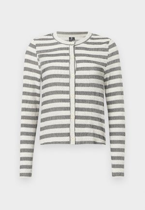 Cardigan a righe in bianco e nero, con una texture a coste, scollatura rotonda e chiusura a bottoni nella parte anteriore. Design di lunghezza ridotta.
