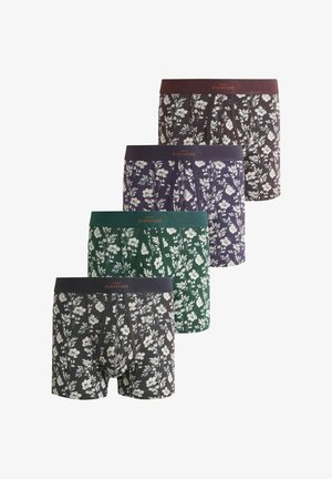 Vier Paar Herren-Boxershorts in Schwarz, Grün, Lila und Braun, jeweils mit weißen Blumenmustern und gebrandeten Taillenbändern.