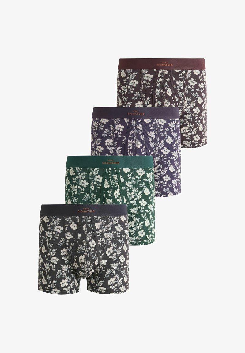 Quatre paires de boxers pour hommes en noir, vert, violet et marron, chacun avec des motifs floraux blancs et des ceintures de marque.