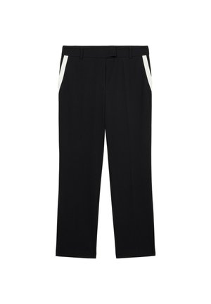 Pantaloni neri con un design a gamba dritta, due tasche laterali con dettagli bianchi e un tessuto liscio con una leggera trama.