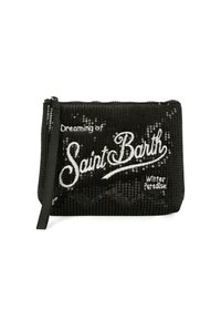 Pochette nera con paillettes che presenta le scritte "Sognando Saint Barth" e "Paradiso Invernale" ricamate in bianco. Chiusura con zip e polsino in tessuto.