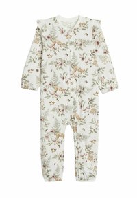Blød baby romper i cremefarvet med lange ærmer, lynlås fortil, detaljer med flæser på skuldrene og et naturtema print med hjorte, kaniner, fugle og løv.