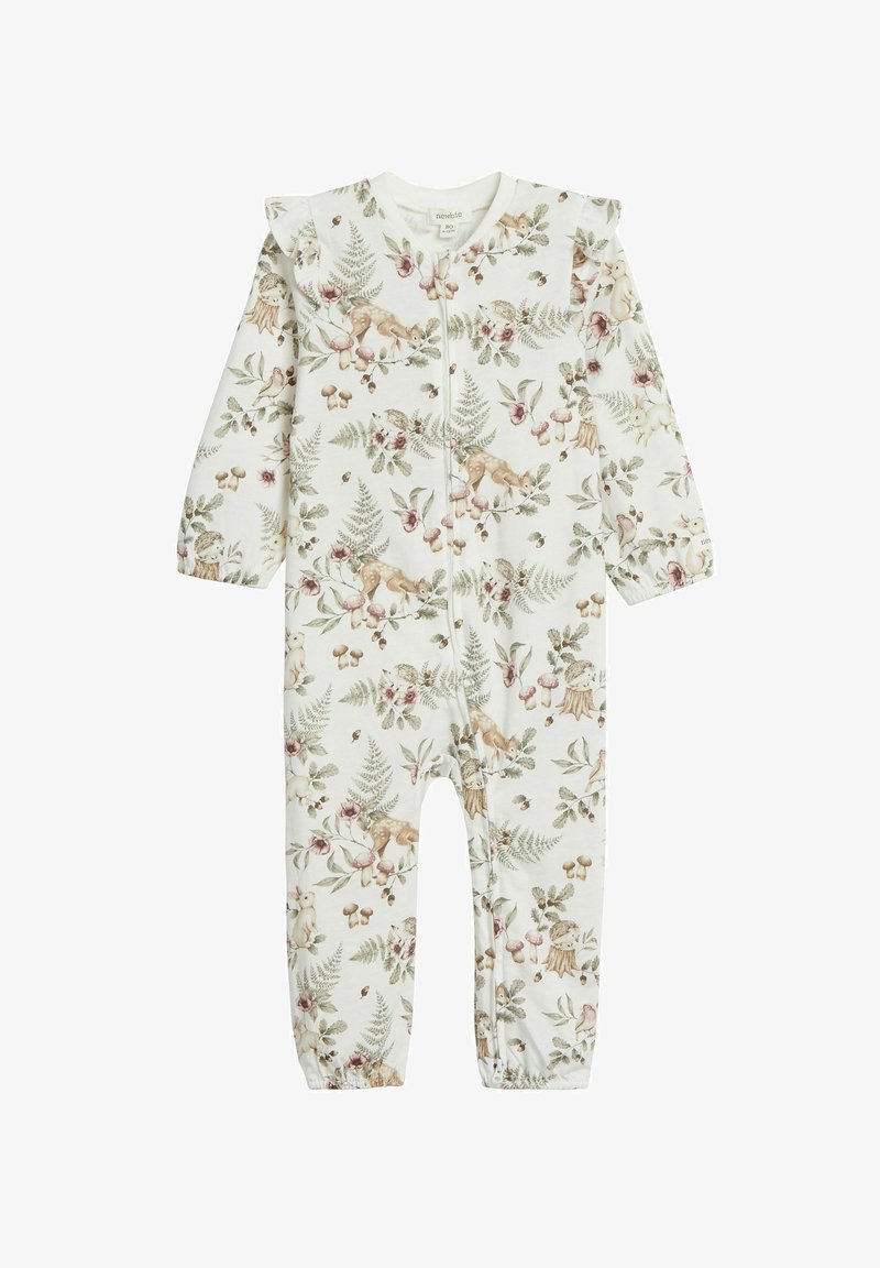 Soft cream-colored baby romper with long sleeves, zipper front, ruffle shoulder detail, and nature-themed print of deer, rabbits, birds, and foliage.