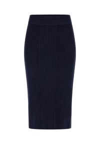 Jupe crayon côtelée marine avec une ceinture lisse. Coupe ajustée s'étendant jusqu'au genou, présentant une texture verticale marquée sur toute la surface.