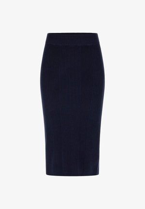 Gonna a matita blu navy a coste con una fascia in vita liscia. Sagoma aderente che arriva al ginocchio, caratterizzata da una texture verticale pronunciata su tutta la superficie.