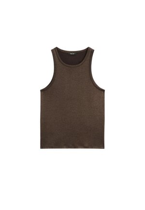 Braunes Tanktop aus einem strukturierten, leichten Stoff. Verfügt über einen runden Halsausschnitt und ein ärmelloses Design mit geradem Saum.