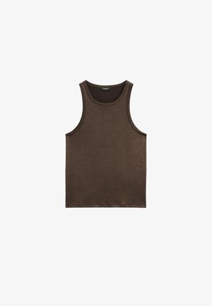 Brown tank top made from a textured, lightweight fabric. Features a round neckline and sleeveless design, with a straight hem.