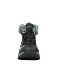 Botte de randonnée noire avec un dessus texturé, col en fausse fourrure grise, fermeture à lacets et semelle robuste pour une meilleure adhérence.