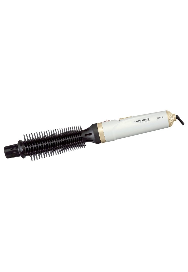 Sèche-cheveux à air chaud avec une brosse noire en forme de peigne. Corps blanc avec des accents dorés. Dispose d'une buse ronde pour le coiffage. Poignée texturée pour une utilisation facile.